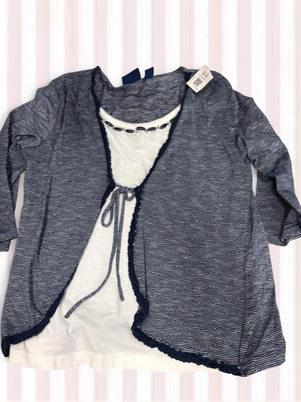 Gloria Vanderbilt Navy and Cream Striped Layered Cardigan with Tie